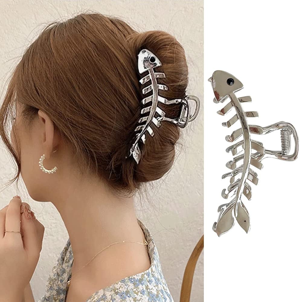 1 PCS Sliver Fishbone Hair Clips Fish Bone Shape Hair Claw Clip Large Metal Hair Jaw Clamps Gold Hairpin Clips Fashion Nonslip Hair Clamps Hair Catch