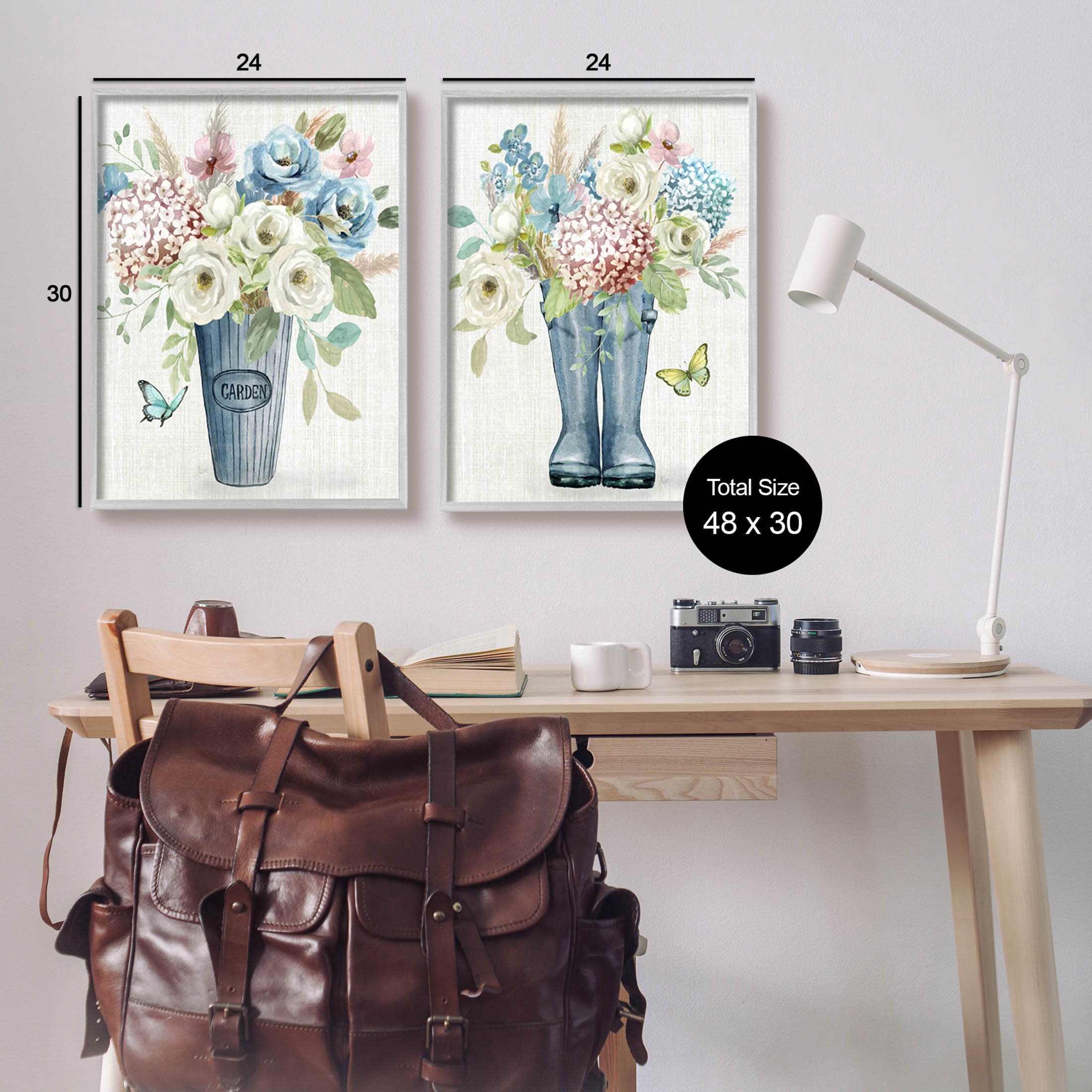 Country Garden Bouquets Rain Boots Botanical & Floral Graphic Art Gray Framed Art Print Wall Art, Set of 2