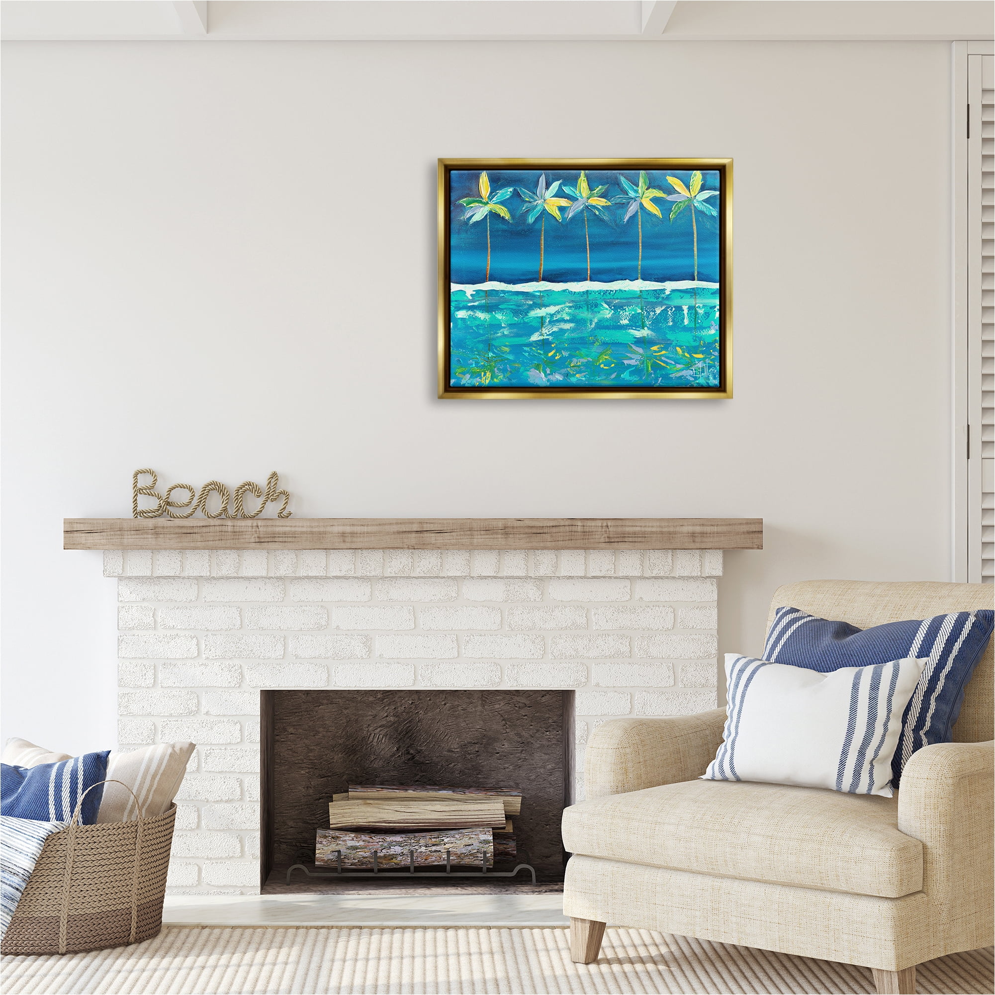 Stupell Industries Blue Abstract Palms Landscape Painting Gold Floater Framed Canvas Art Print Wall Art, 31 x 25