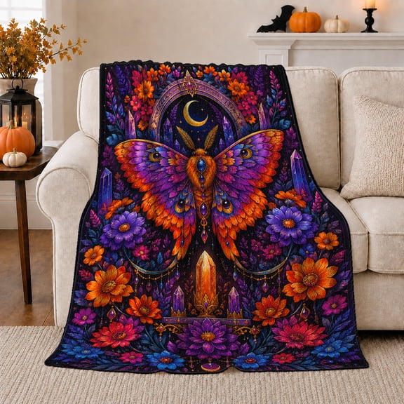 Celestial Moth Floral Mystical, Mystical Celestial Art Scene, Warm Flannel Blanket for Sunroom and Reading Nook, Celestial Art Lovers Housewarming Gift, Fantasy Home Decor