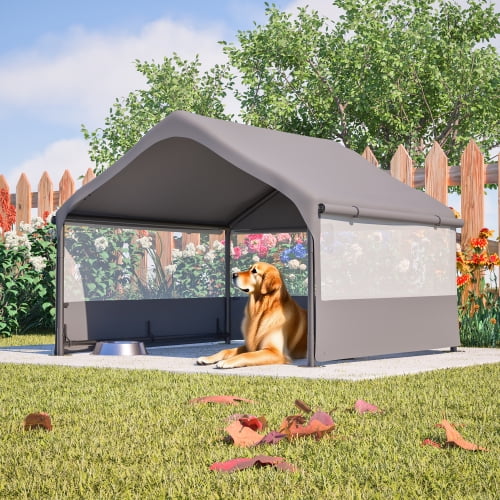 Extra Large 4'x4'x3.3' Outdoor Dog House Tent - 3-Sided Mesh Windows, Breathable Sun & Rain Cover Pet Shelter with Canopy & Ground Stakes, for Dogs, Cats, Livestock (Gray)
