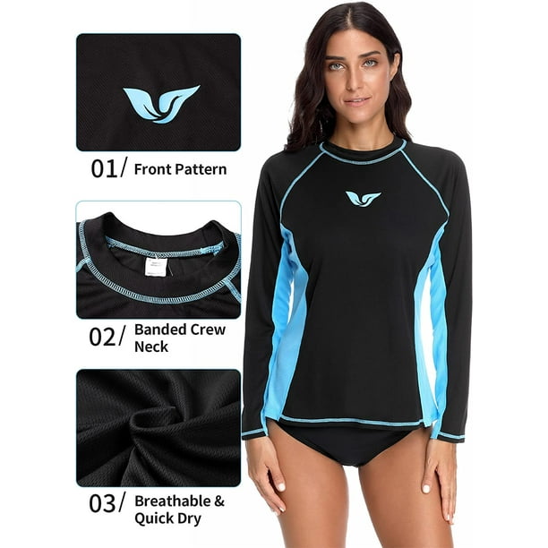 Women Rash Guard Long Sleeve Rashguard Swim Shirt Built in Bra UPF Swimsuit  Workout Bathing Suits Top Swimwear Blue,XL