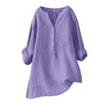 thumbnail image 6 of WTOBBY Women's V-Neck Button Down Casual Shirt, Solid Color Long Sleeve Split Hem Blouse Top, Cotton Linen Blend Lightweight Fabric for Daily Wear,Purple L, 6 of 6