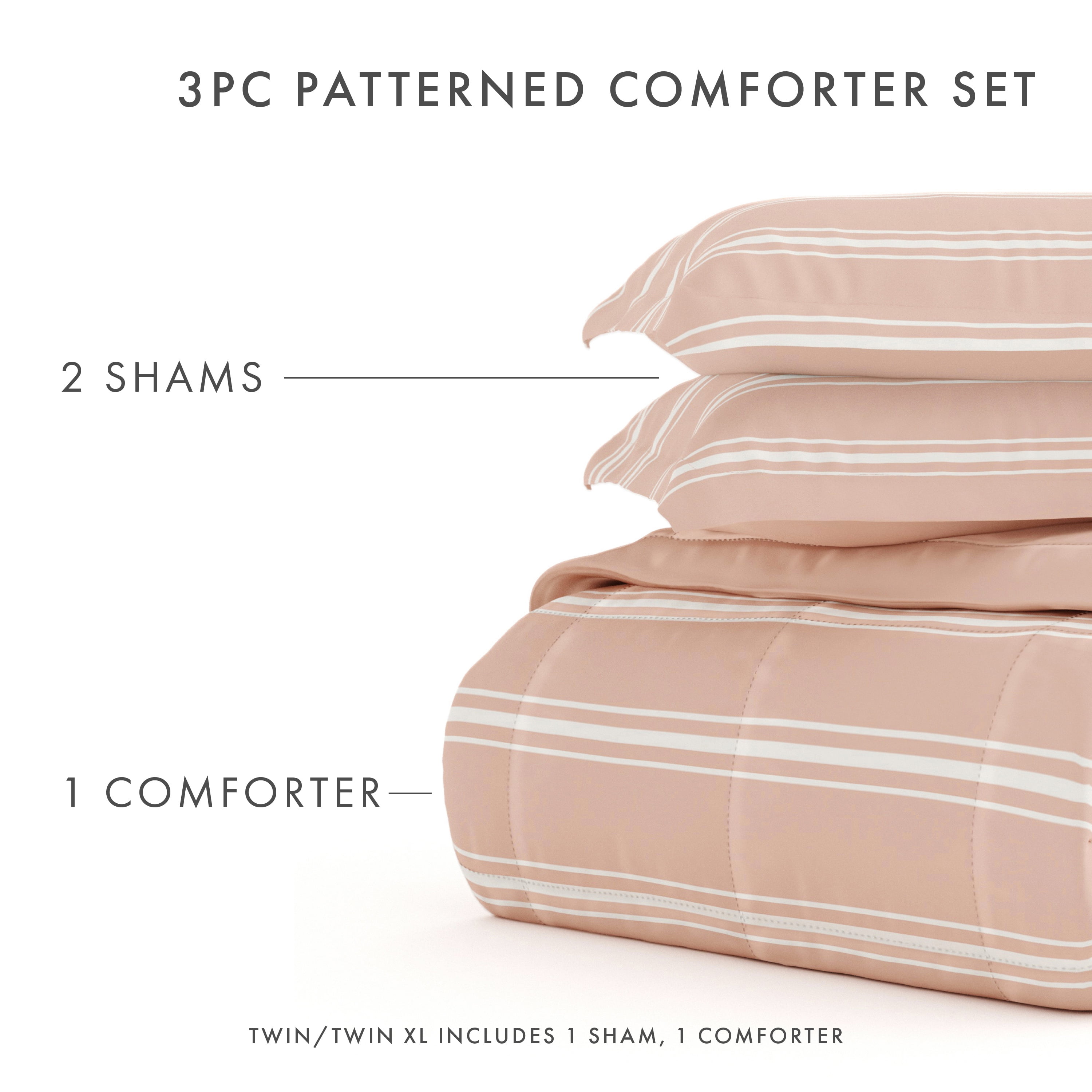 Noble Linens 3-Piece Rose Soft Stripe Reversible Print Comforter Set, King/CalKing