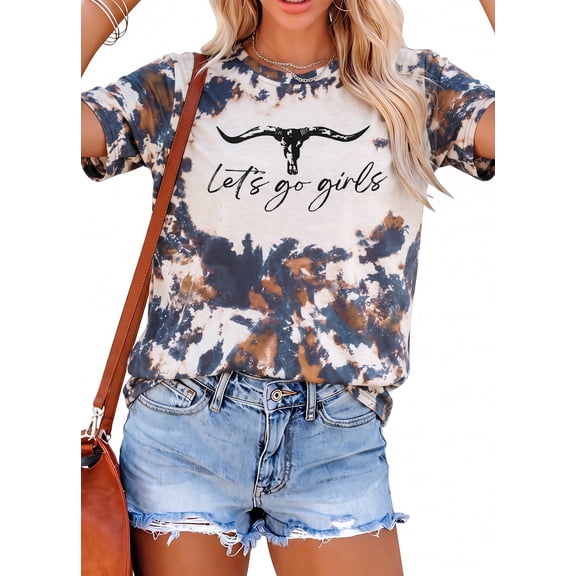 DEXIO Let's Go Girl Shirt for Women Western Bleached T-Shirt Retro Country Music Tee Cowgirls Short Sleeve Tops
