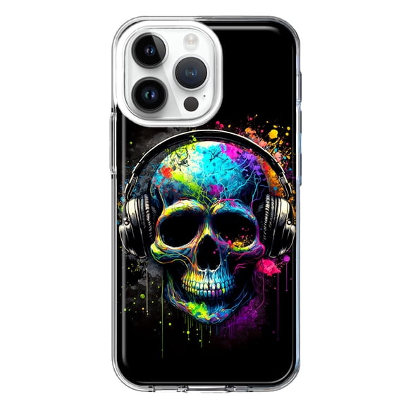 MUNDAZE Case for Apple iPhone 15 Pro Max Slim Hard Shell Soft TPU Hybrid Shockproof Heavy Duty Protective Phone Cover - Fantasy Skull Headphone Colorful Pop Art