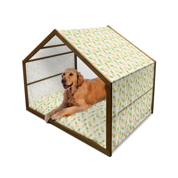 Tropical Pet House, Herringbone Stripes with Dots Background Summer Fruits Arrangement, Outdoor & Indoor Portable Dog Kennel with Pillow and Cover, 5 Sizes, Fern Green and Orange, by Ambesonne