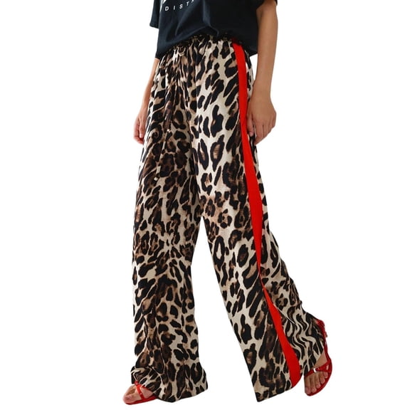 Women's Leopard Print Pants Wide Leg Side Striped High Waisted Drawstring Casual Palazzo Trousers with Pockets Brown M