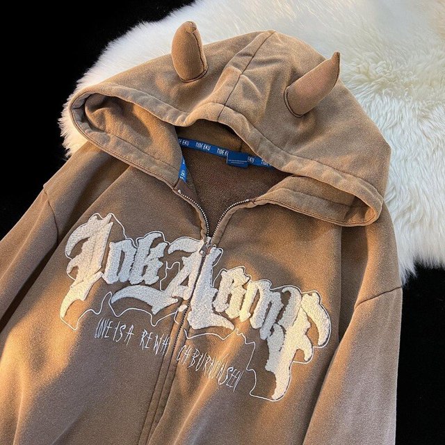 Sudadera con capucha con bordado de letras para mujer, chaqueta de manga larga con cremallera Vintage, abrigo de gran tamaño, Sudadera con capucha informal Harajuku, Otoño e Invierno