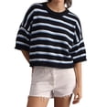 thumbnail image 3 of Women's Striped Crew Neck Drop Shoulder Short Sleeve Cropped Knit Sweater Black L, 3 of 7