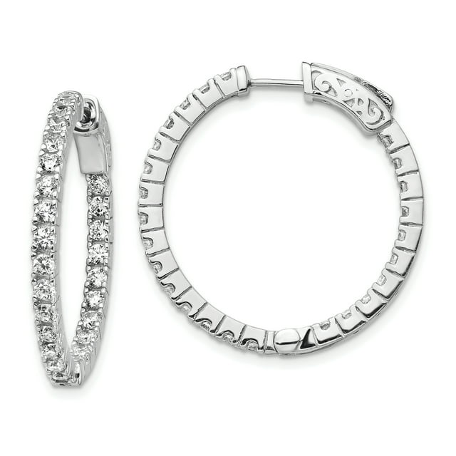 925 Sterling Silver 1.9mm Cubic Zirconia Cz Round Hinged Hoop Earrings In/out