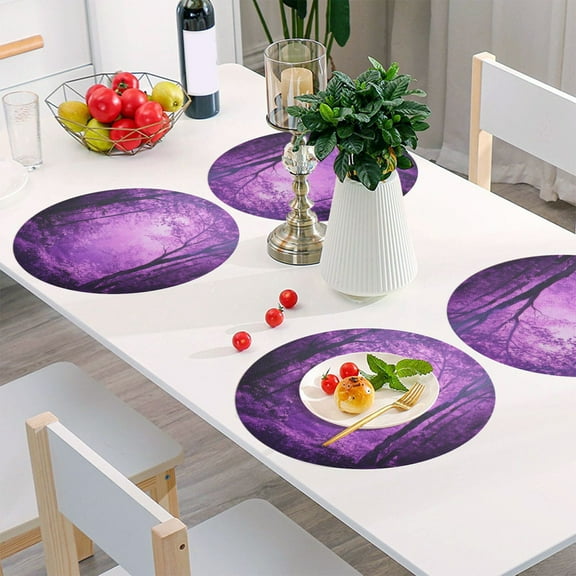Round Grid Placemat ,One Sizex1, Round Placemat, PVC Plate Mat，15.4 Inch Non-Slip and Heat Resistant, Table Placemat, Dining Room Placemat Purple Forest Picture