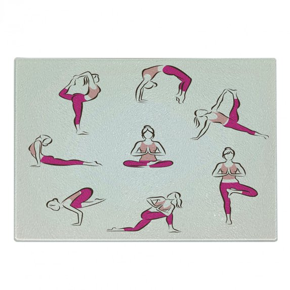 Yoga Cutting Board, Yoga and Pilates Poses Healthcare Fitness Concept Exercise Gymnastics, Decorative Tempered Glass Cutting and Serving Board, Small Size, Coral Pink Coconut, by Ambesonne