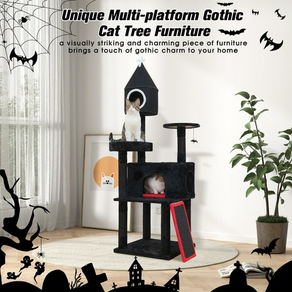 Gothic Cat Tree Tower - 55" Black Halloween Cat Tree with Coffin Bed, Spider Web Perch & 2 Condos - 5-Level Cat Furniture with 6 Sisal Scratching Posts for Large Cats