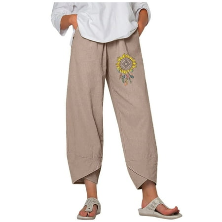 

Womens Capri Pants for Summer Beach Casual Comfy Elastic Waist Cotton Palazzo Pajama Print Cropped Harem Pants Trouser