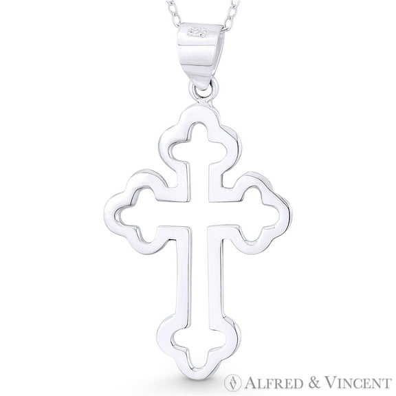 Budded / Botonée Open Cathedral Cross Christian Pendant w/ Chain Necklace in .925 Sterling Silver