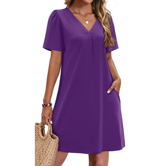 Fantaslook Summer Dresses for Women Short Sleeve V Neck Casual Shift Dress with Pockets