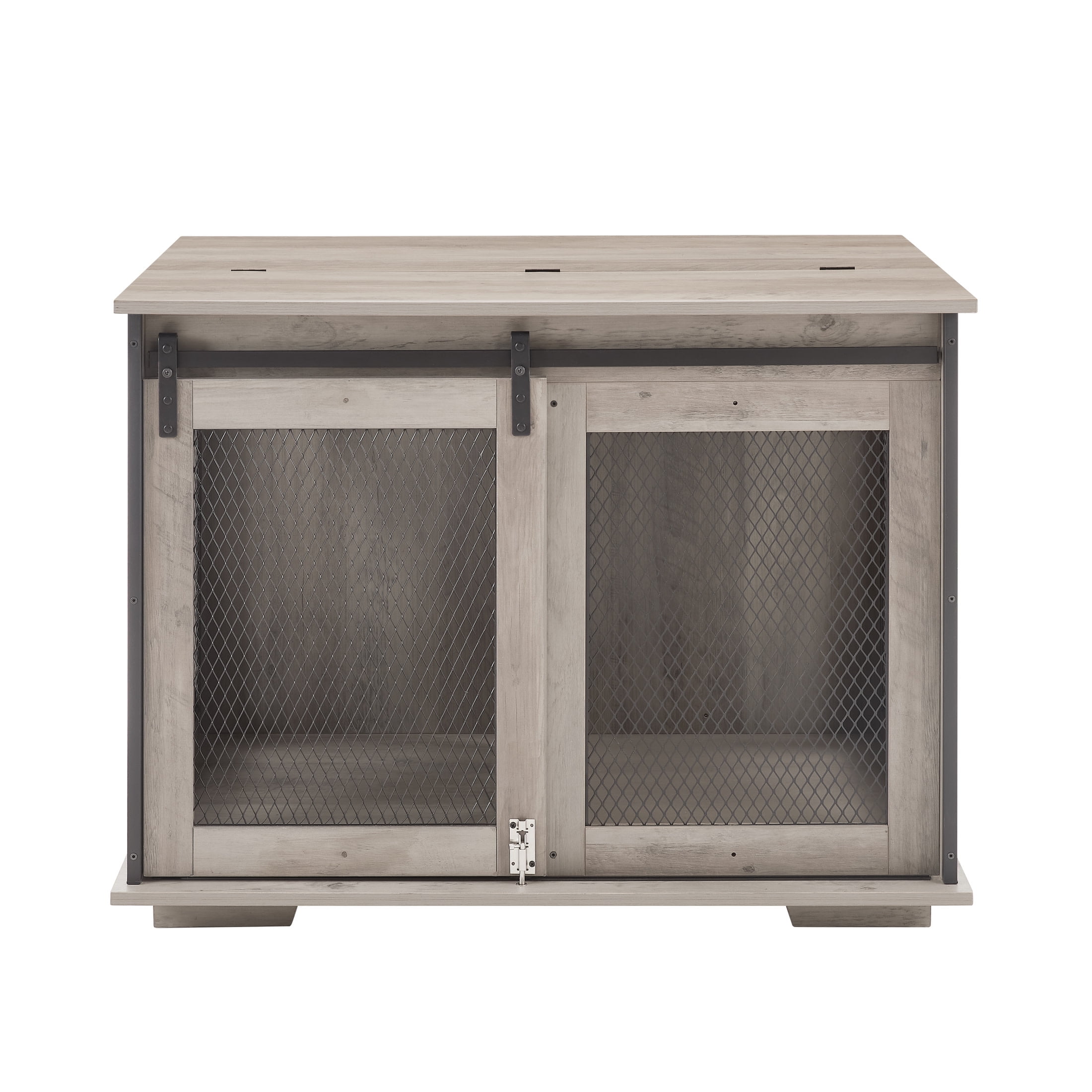 Noble House Farmhouse Dog Cage Crate Furniture, Sliding Barn Door Kennel End Table with Divider and Flip-Top, Gray Wash