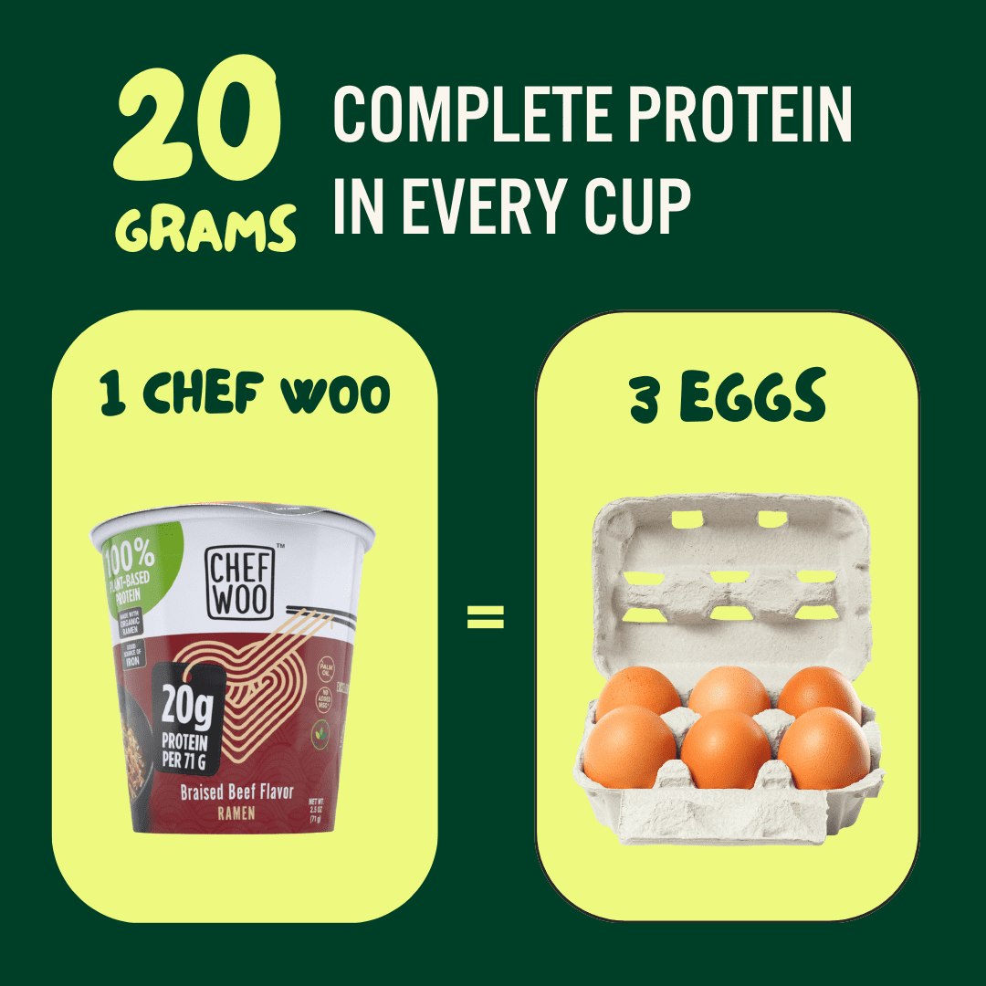 (12 pack) CHEF WOO Braised Beef Ramen, High Protein Noodles, 20g of Animal-free, Bioavailable Protein, 2.5 oz Cup