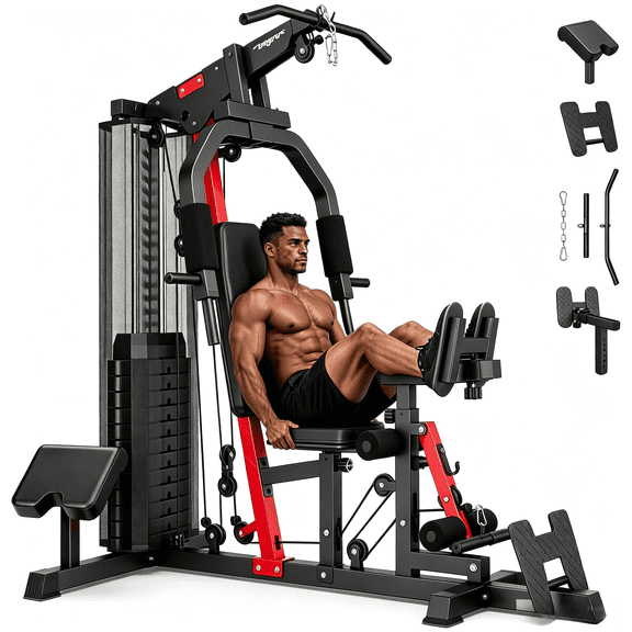 LNOW Home Gym Station, Workout Equipment with 148LBS Weight Stack, Leg Press And Preacher Curl Pad
