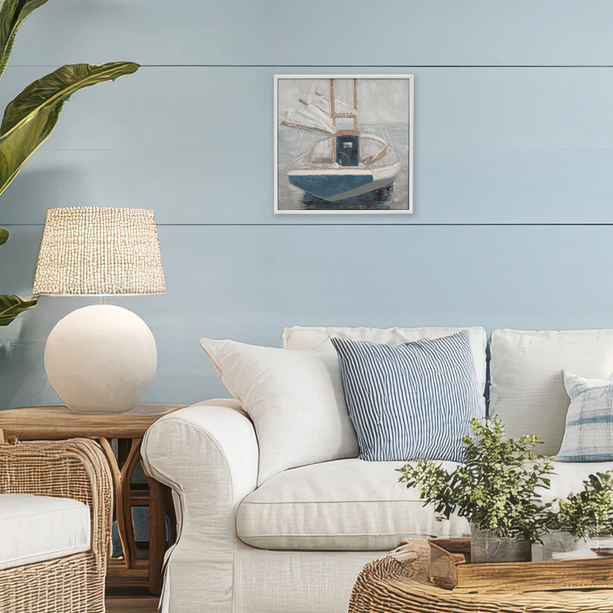 Stupell Industries Serene Harbor Sail Boat White Framed Giclee Art, design by John Burrows