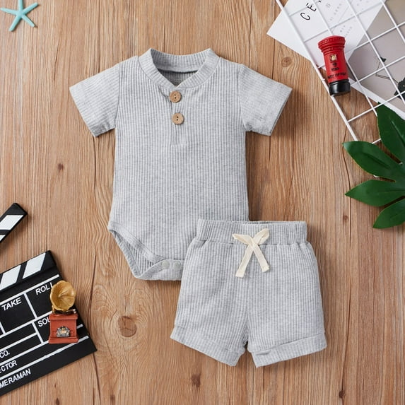 Newborn Infant Baby Boy Girl Clothes Summer Unisex Infant Solid Ribbed Button Bodysuits+Elastic Shorts Outfit Set 2PCS