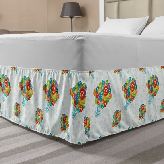 Alphabet Bed Skirt, Print of a Group of Balloons Tied Floating in the Sky of Bubbles, Elastic Bedskirt Dust Ruffle Wrap Around for Bedding Decor, 4 Sizes, Baby Blue and Multicolor, by Ambesonne