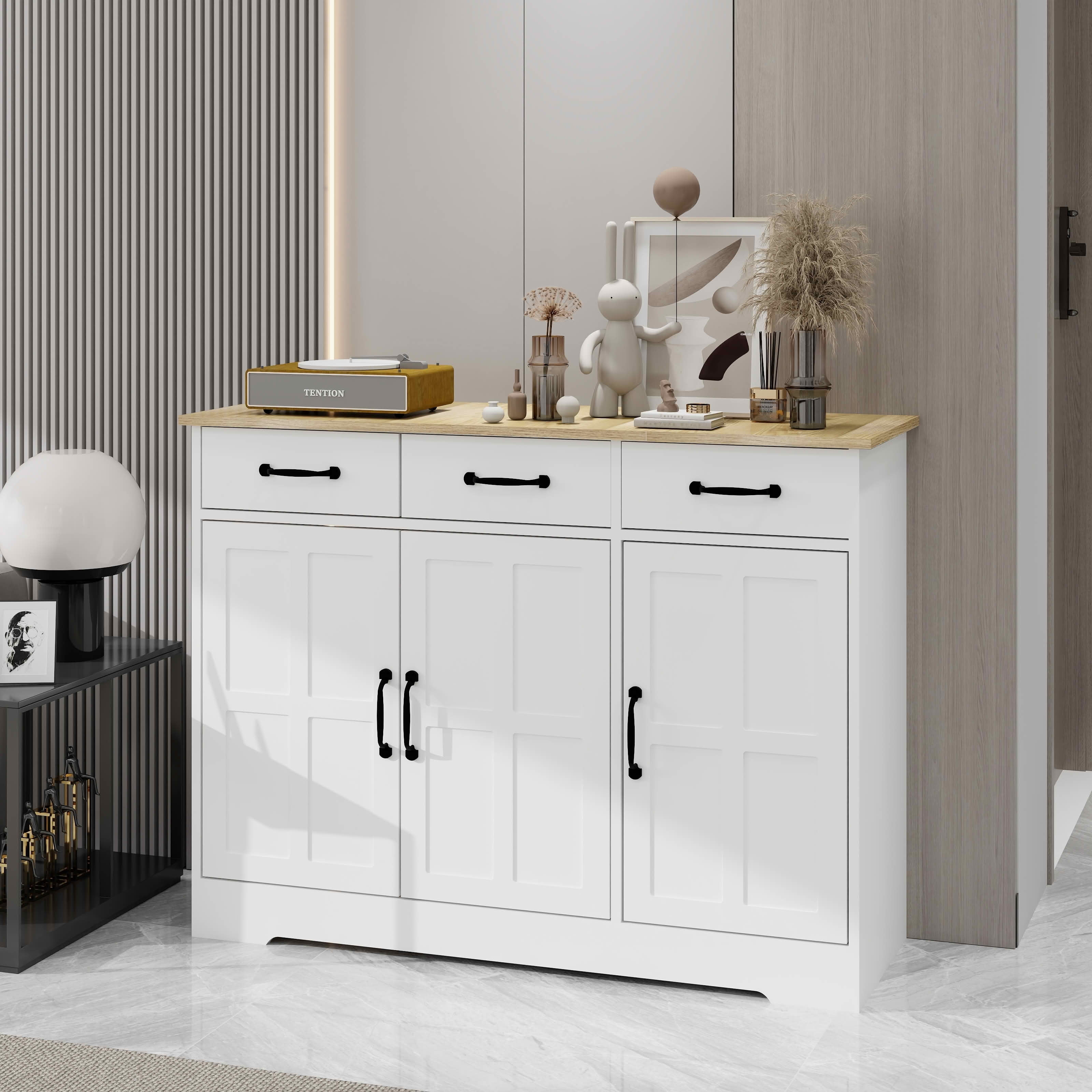 MAYEERTY Farmhouse Buffet Cabinet Storage Sideboard, 3 Drawers 3 Doors for Kitchen Dining Room White
