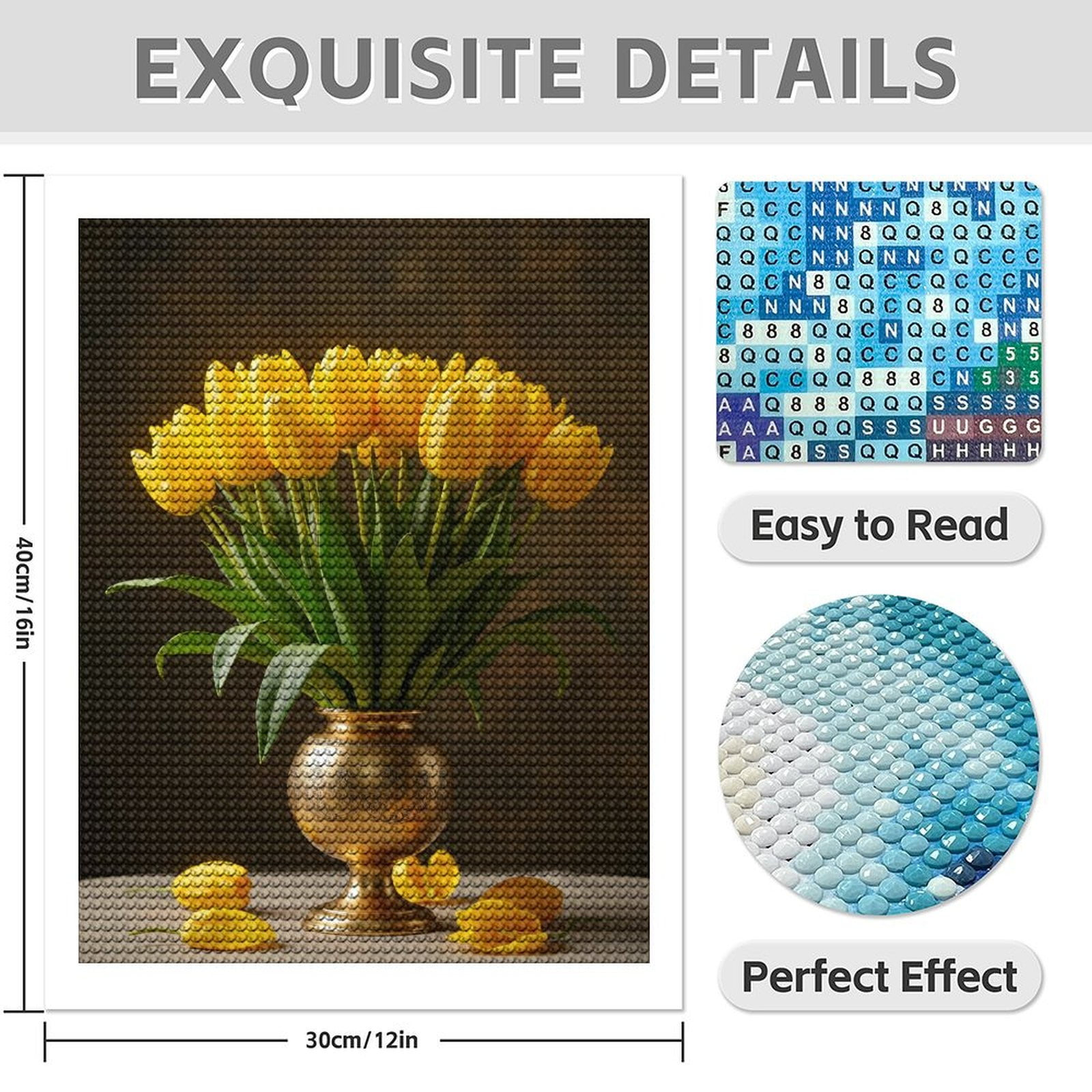 Diamond Art Kit for Adults, Golden Vase Yellow Tulips Bouquet Diamond Painting for Adults Beginners, 5D DIY Diamond Art Painting Kits, Colorful Diamond Painting Craft for Home Decor 12x16
