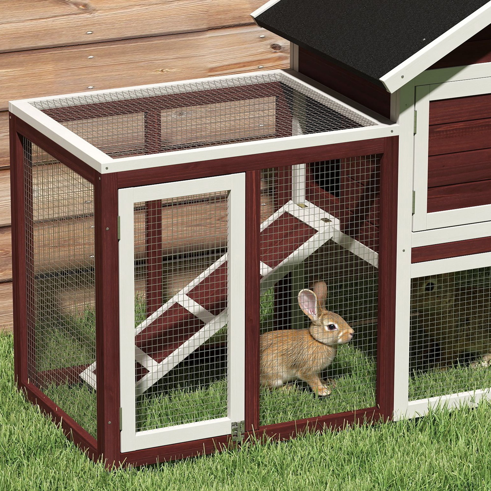 48" Wooden Rabbit Hutch Bunny Cage with Waterproof Asphalt Roof, Fun Outdoor Run, Removable Tray and Ramp, Brown