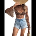 thumbnail image 2 of Camiseta de Larga con Estampado Floral Transparente Y2K, Cuello Redondo, Mangas Acampanadas y para Mujer Marrón S, 2 of 10