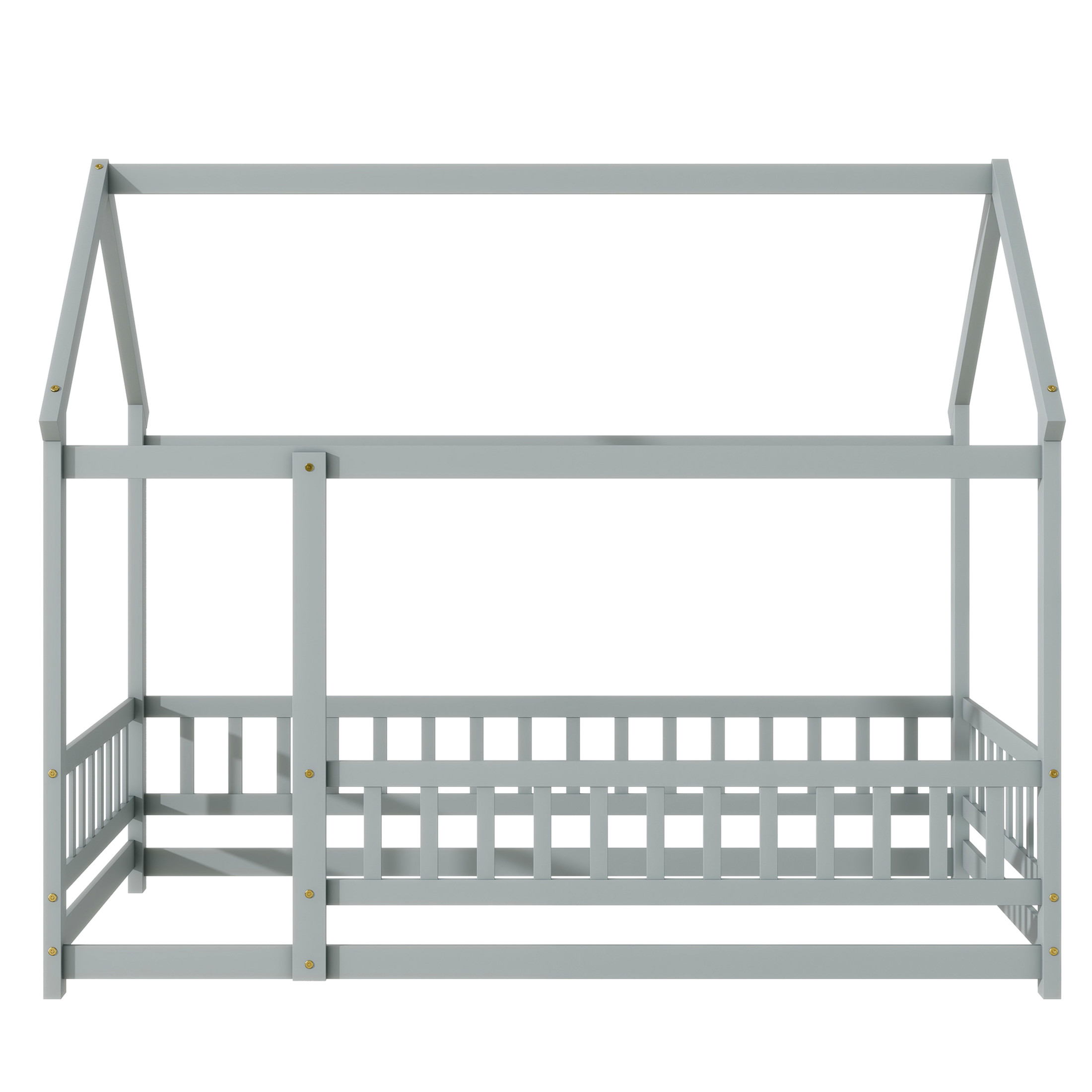 Noble House Gaiety Twin Size House Floor Bed for Kids, Rubber Wood Frame with Roof and Fence Guardrails, Grey