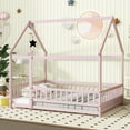 thumbnail image 3 of Full Size House Floor Wooden Bed Frame with Roof and Fence, Safety Guardrails, Pink, 3 of 10