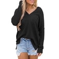 thumbnail image 2 of Tops de otoño para mujer, camisas simples informales de manga larga con cuello en V, Top holgado de talla grande con abertura y bolsillo en el pecho, negro XL, 2 of 6