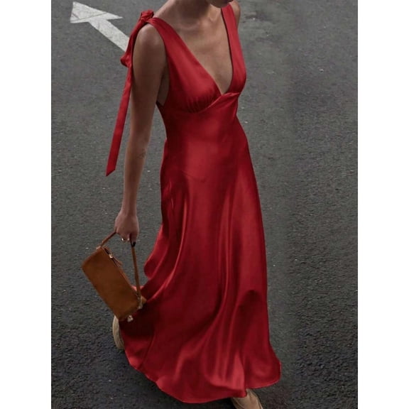 Red Satin Bow Strap Deep V-Neck Maxi Dress For Formal Events, Parties, Weddings, Galas