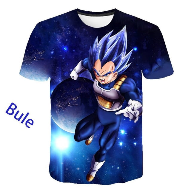 camisetas de dragon ball vegeta, ropa de verano, tops de manga corta con estampado, moda diaria, camisetas deportivas con dijes, regalo — camiseta unisex manga corta con gran estampado frontal de Vegeta en pose de combate sobre fondo espacial azul; corte clásico, poliéster, tallas XS–5XL; adecuada como regalo para fans.