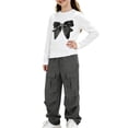 thumbnail image 4 of Spazoro Girls Outfit Sets with Multi‑Pockets, Elastic Waist Loose Fit Crewneck Long Sleeve Bow Print Casual Matching Clothes Sets Dark Gray Size 11-12, 4 of 6