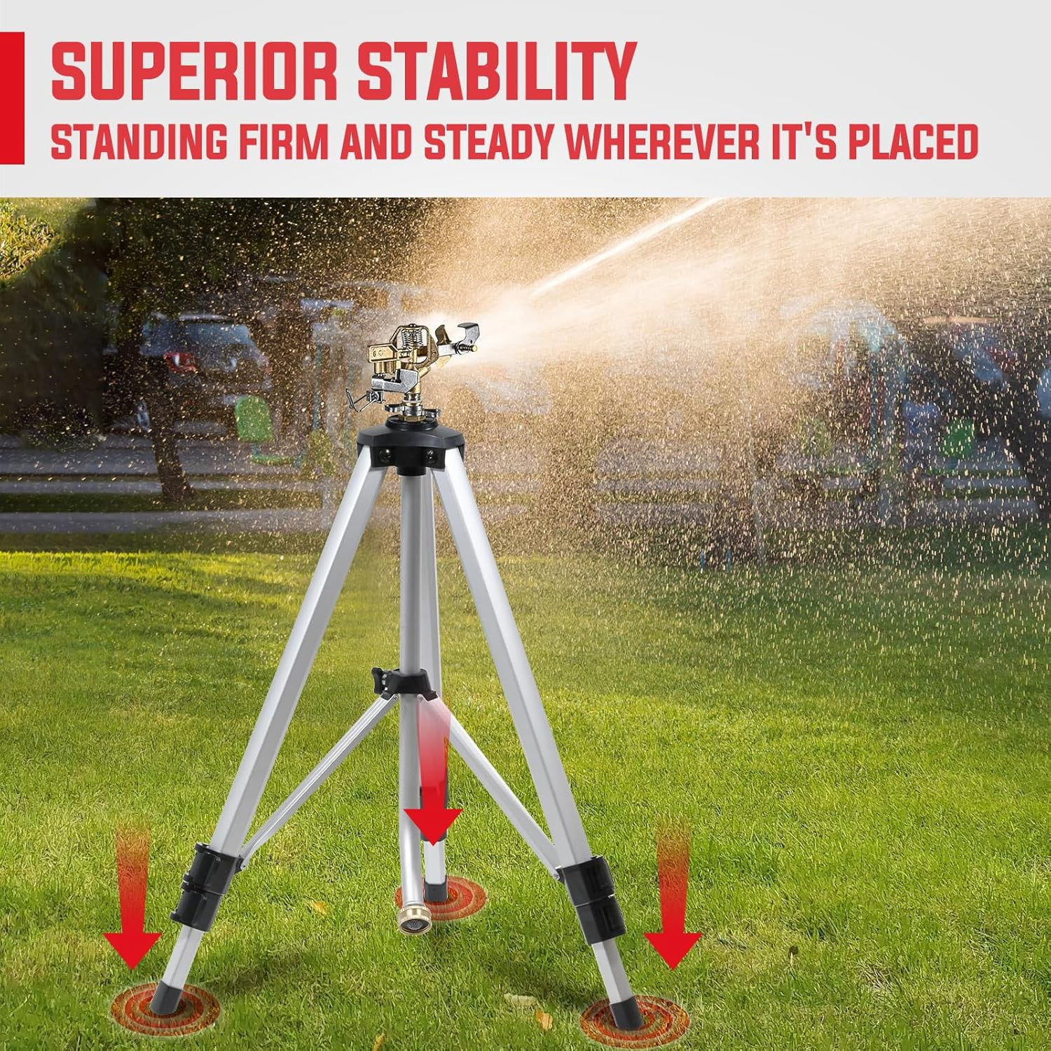 YAMATIC 360° Impact Sprinkler on Adjustable Tripod Base, Heavy Duty for Lawn, Yard & Garden (20–90FT Coverage)