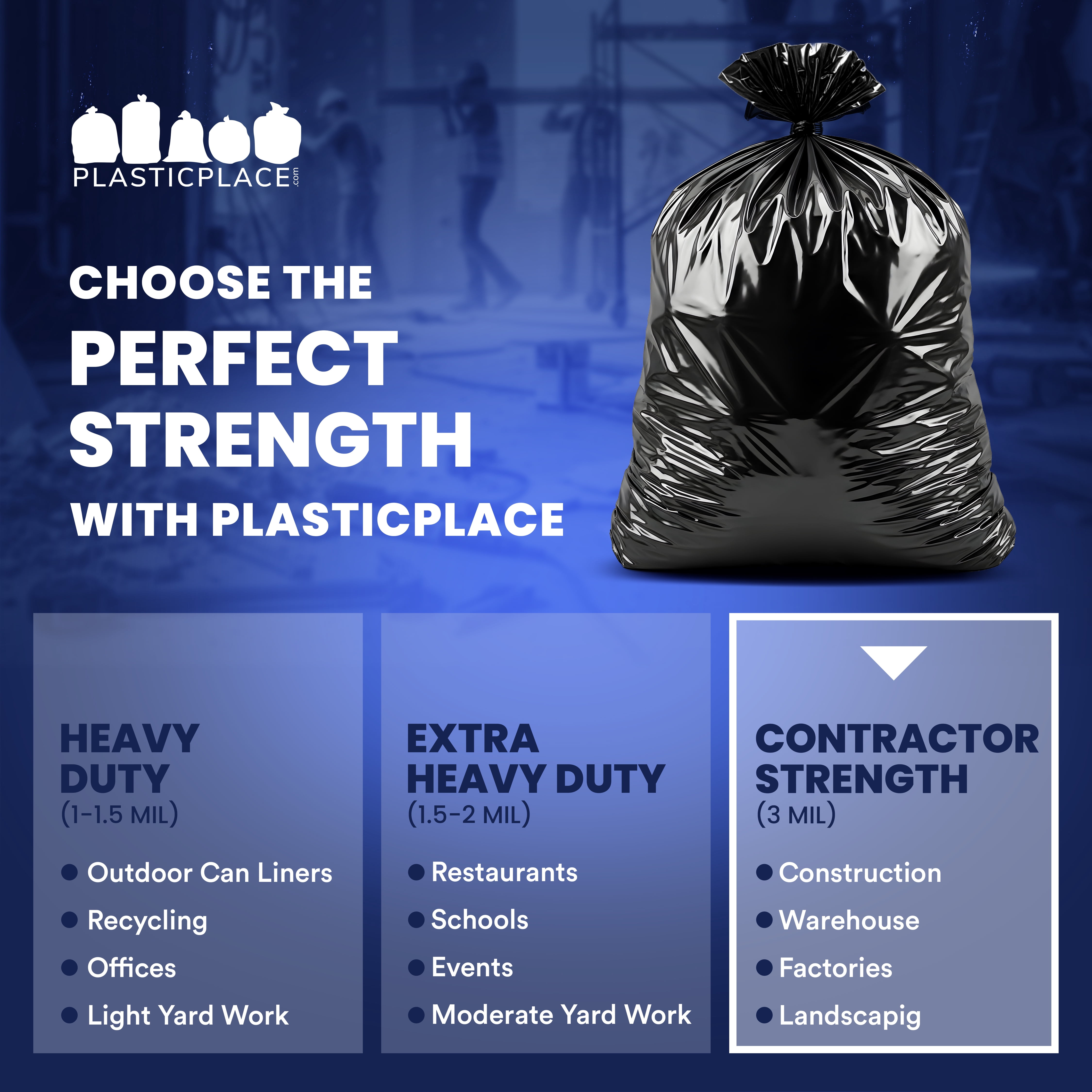 Plasticplace Contractor Garbage Bags: 55 Gallon Trash Bags Heavy Duty, Big Black Trash Bags, 38"x58", 4.0 Mil, Pack of 32