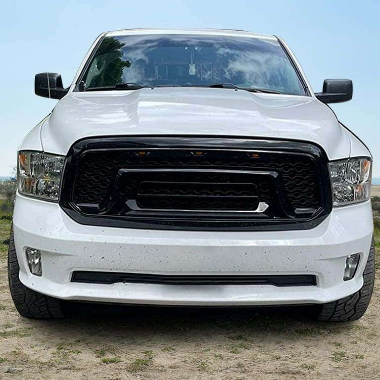 Ikon Motorsports Compatible with 13-18 Dodge Ram 1500 ,2019-2023 Ram 1500  Classic Rebel Style Front Bumper Hood Mesh Grille Gloss Black 2013 2014  2015