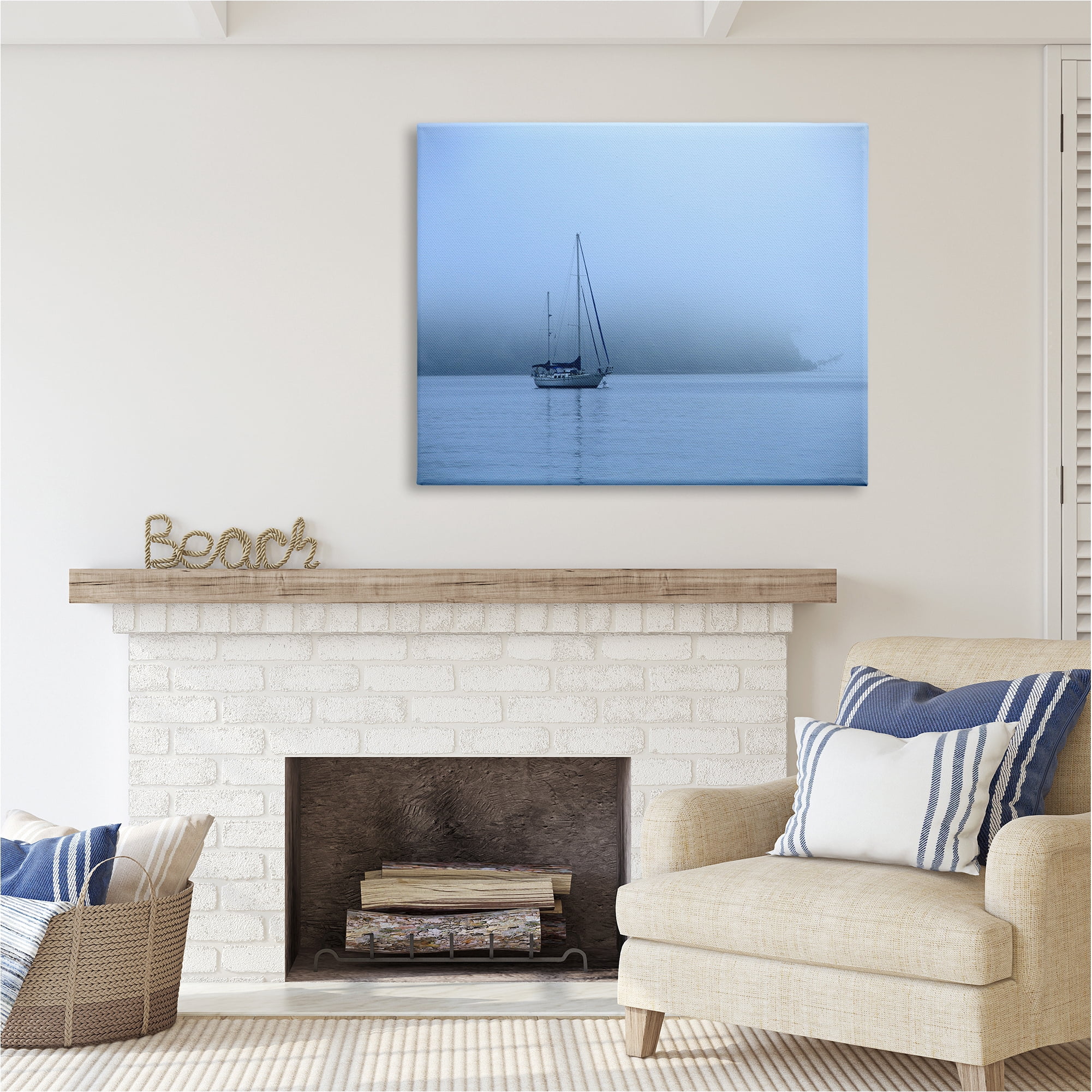 Stupell Industries Foggy Boat Sailing Landscape Photography Gallery Wrapped Canvas Art Print Wall Art, 48 x 36
