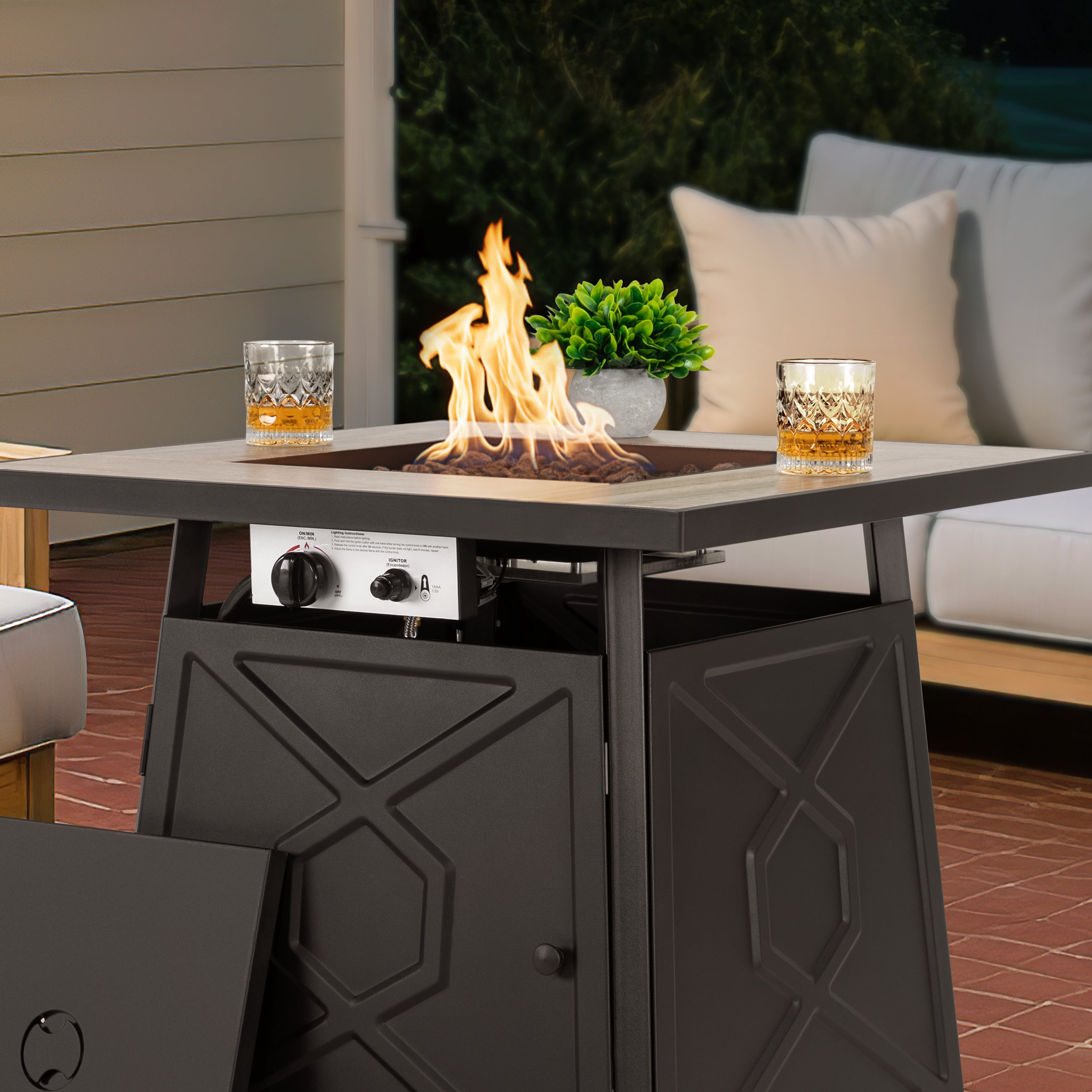 Nuu Garden Outdoor 28" Square 50000 BTU Propane Gas Fire Pit Table with Lid and Lava Rocks, Cover, MGO Tabletop Fire Pit Table, Black