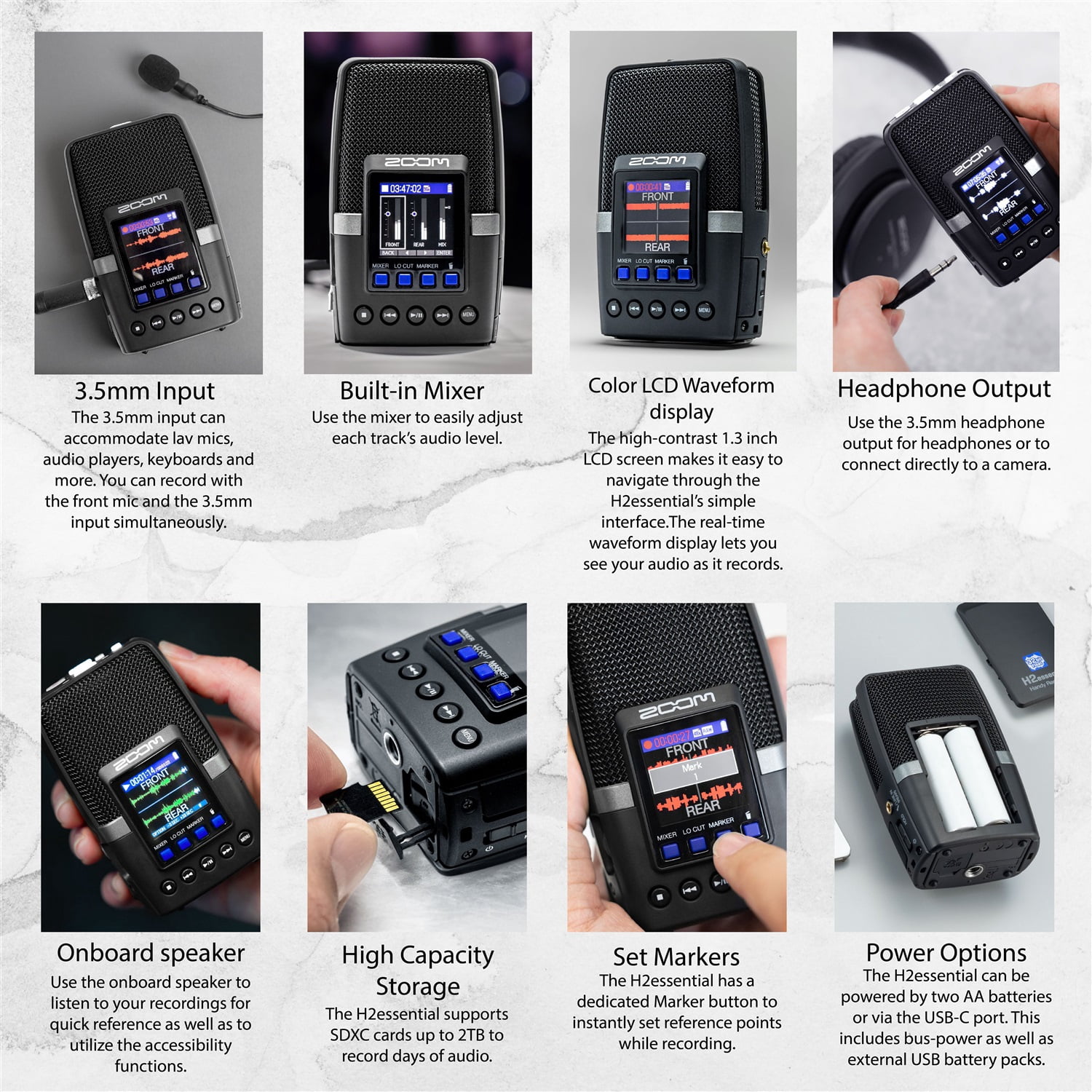 Zoom H2essential Handy Recorder Bundle – Includes APH-2e Accessory Pack (Windscreen, Shell Case, AC Adapter, USB-C Cable), 32GB microSDHC Memory Card, and Microfiber Cleaning Cloth