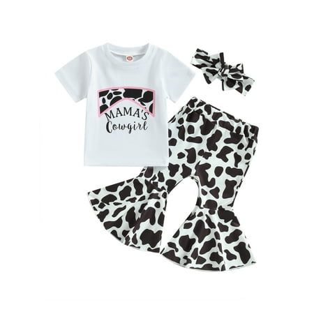 

Qtinghua Mother s Day Toddler Baby Girl Western Clothes Short Sleeve Cow Print T-Shirt Tops Flare Pants 2Pcs Outfits