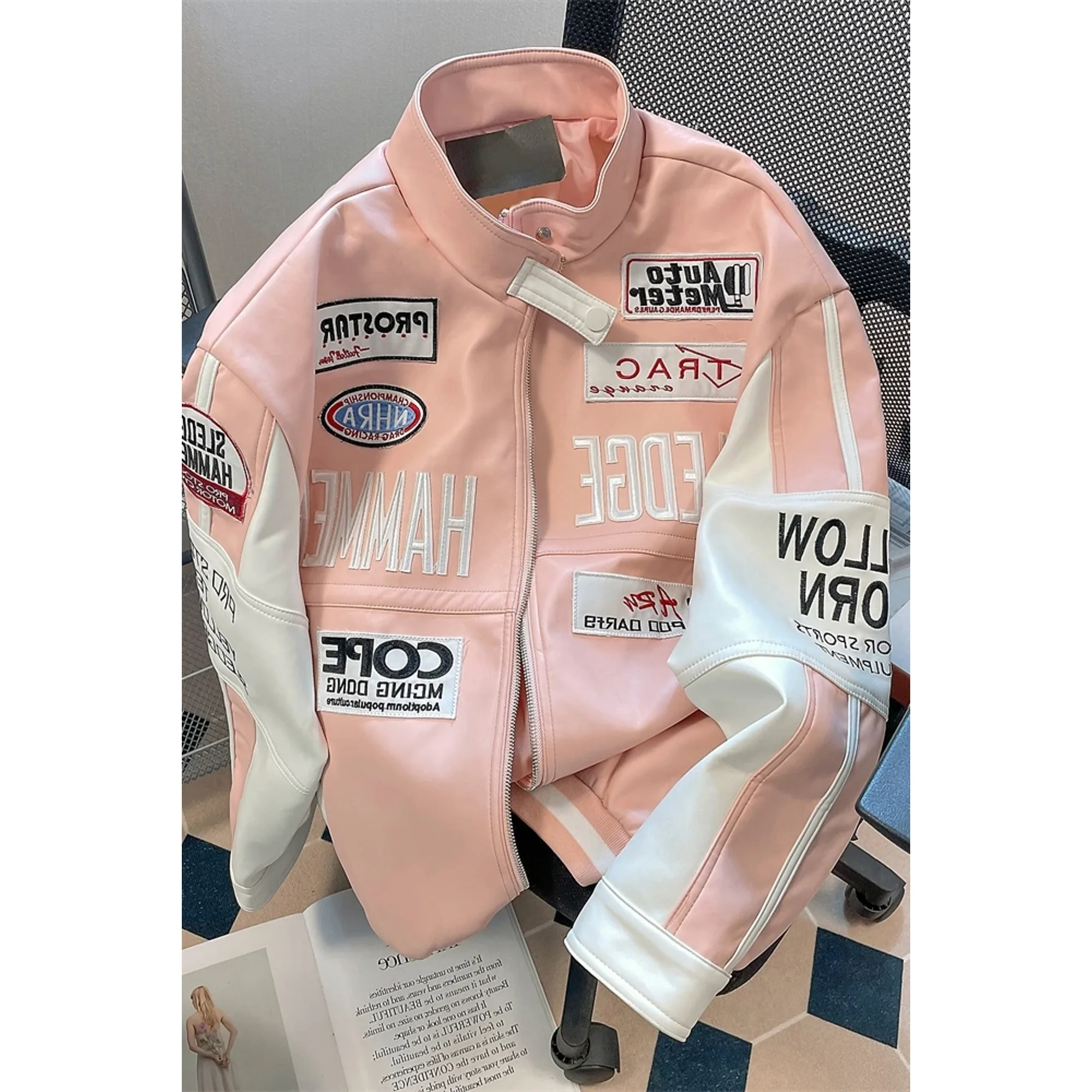 Trend Hip Hop Motorcycle Jacket Women s UP Leather American Pink Jacket Y2K Stitching High Quality Embroidered Windproof Jackets