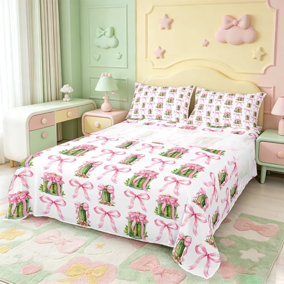 Manfei Cartoon Food Print Bed Sheets,Cute Pink Bowknot Full Size Sheets,4pcs,1 Flat Sheet,1 Fitted Sheet and 2 Pillowcases
