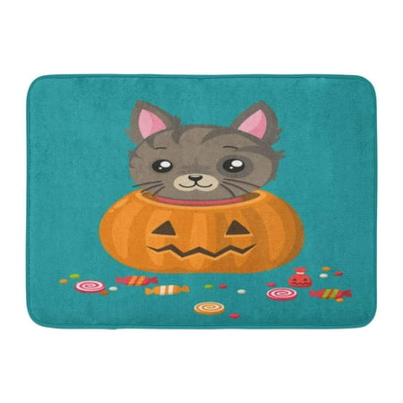 GODPOK Gray Striped Kitten The Cat Sits in Pumpkin with Carved Face Sweets and Candies are Scattered Around Rug Doormat Bath Mat 23.6x15.7 inch