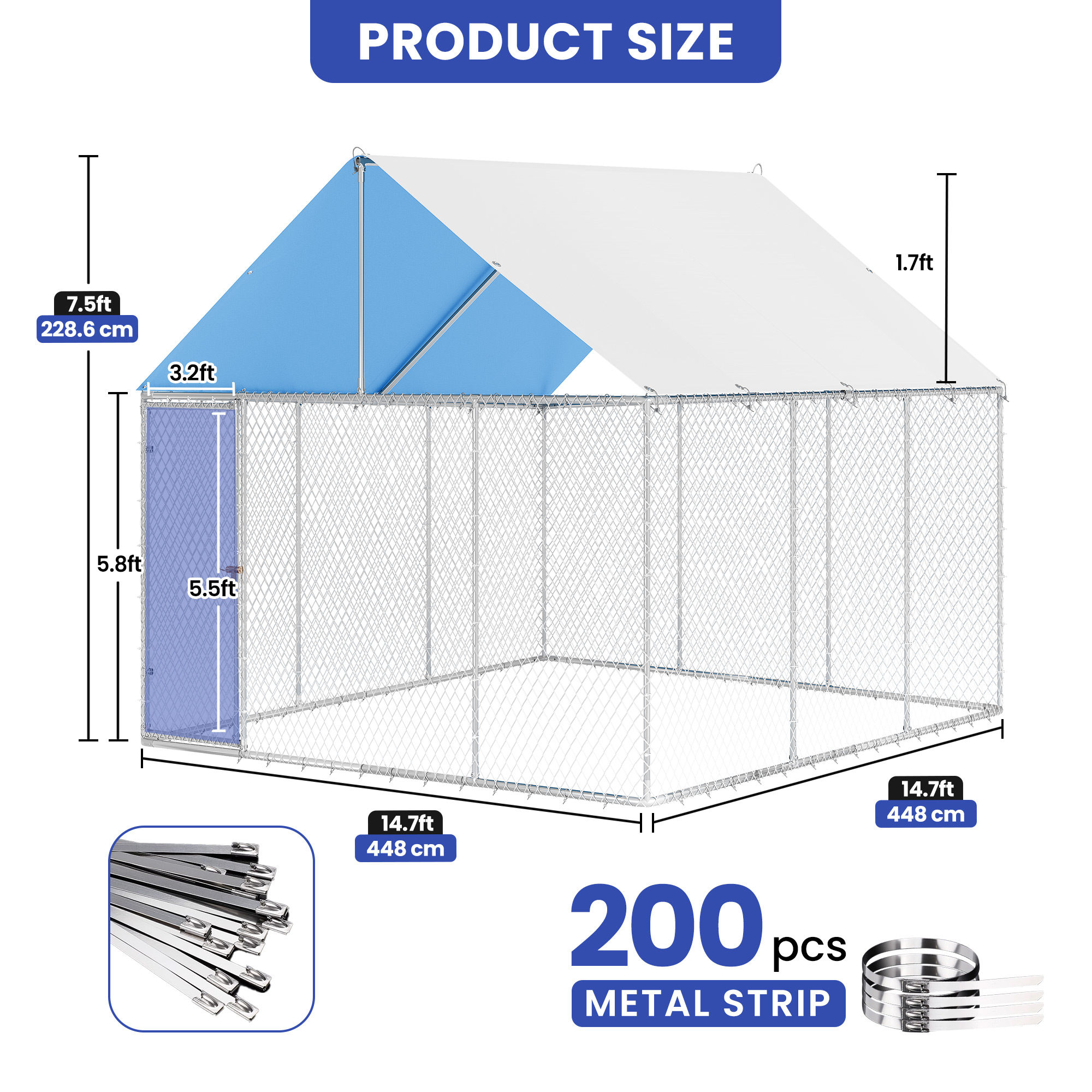 ModFusion 14' Outdoor Dog Kennel with Metal Gate and Roof, Heavy-Duty Galvanized Steel Fence