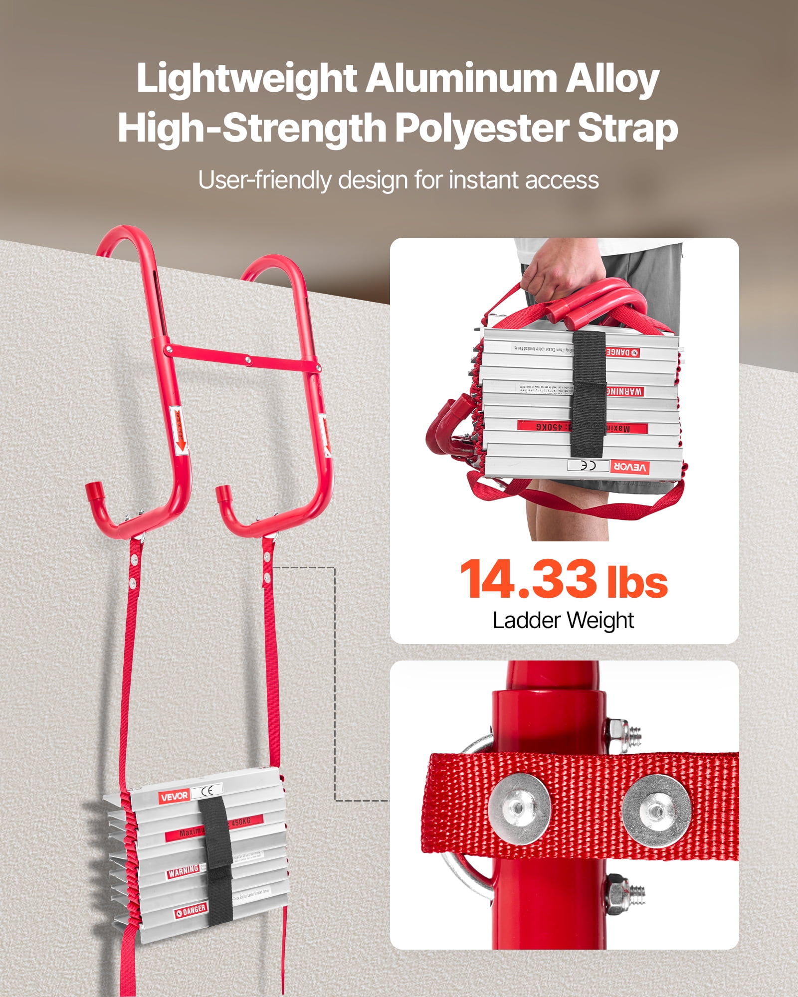 VEVOR Fire Escape Ladder, 3-Story 25FT Retractable Emergency Fire Ladder, Lightweight Aluminum Alloy Safety Escape Ladders with Sturdy Polyester Strap,Anti-Slip Rung & Wide Steps,1000LBS Max Loading