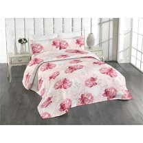 Ambesonne Flowers Boho Quilted Bedspread Set 3 Pcs, Vintage Rose Floral, Twin, Pale Pink and Dark Pink